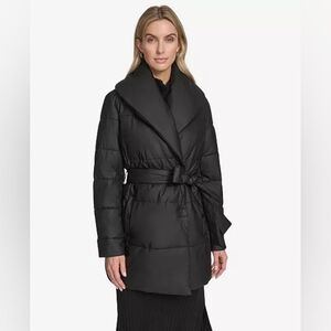 Andrew Marc Puffer Coat Large Black Belted Faux Leather